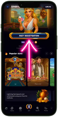 Registration button shown on Aphrodite Casino account screen