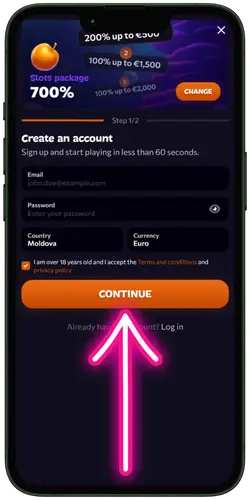 First stage of Aphrodite Casino registration form