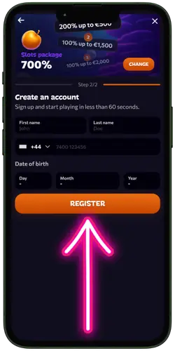 Second stage of Aphrodite Casino registration with account details